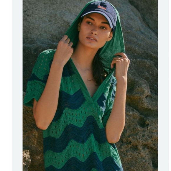 NWT Anthropologie Wave Crochet Hooded Mini Knit Cover Up Beach Dress XL - Picture 6 of 10